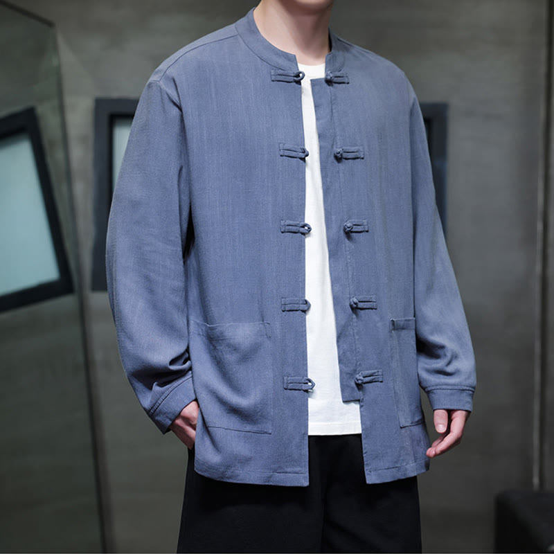 Casual Plain Color Frog-button Linen Men's Jacket Shirt With Pockets