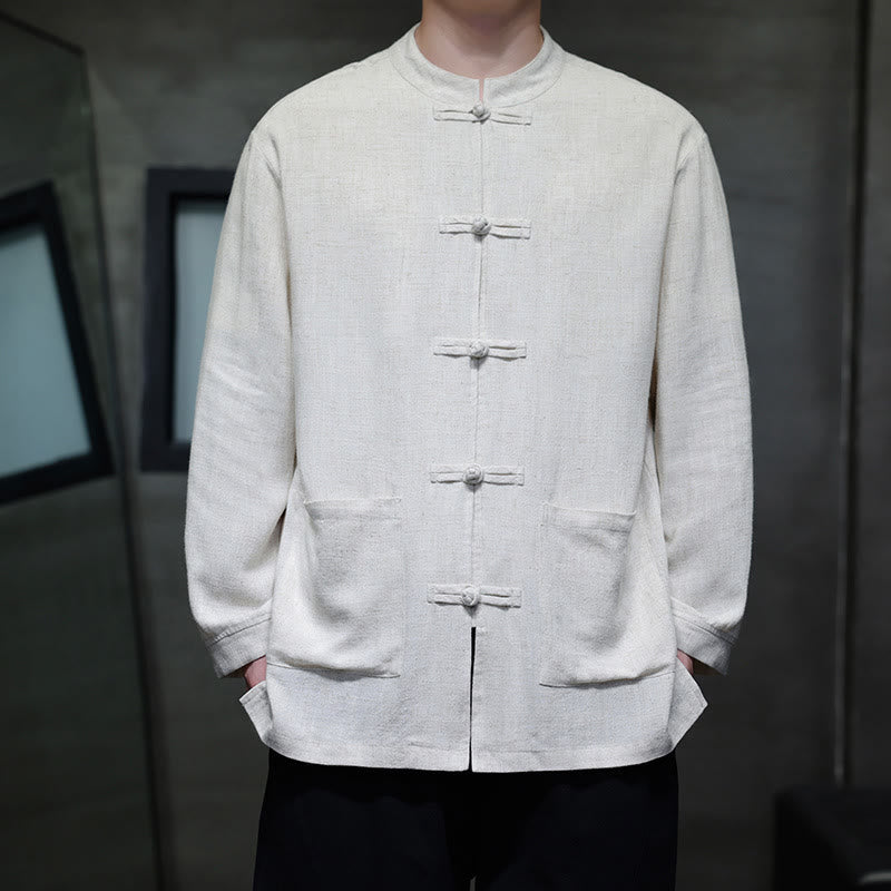 Casual Plain Color Frog-button Linen Men's Jacket Shirt With Pockets