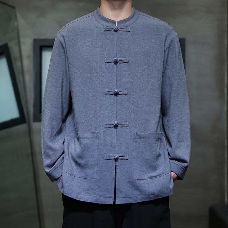 Casual Plain Color Frog-button Linen Men's Jacket Shirt With Pockets