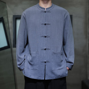 Casual Plain Color Frog-button Linen Men's Jacket Shirt With Pockets