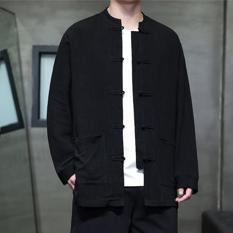 Casual Plain Color Frog-button Linen Men's Jacket Shirt With Pockets