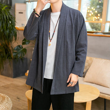 Fall Simple Loose Plain Linen Blend Men's Mid-length Coat Clothing