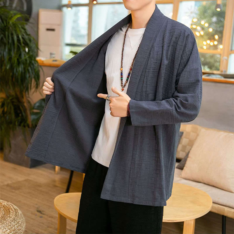 Fall Simple Loose Plain Linen Blend Men's Mid-length Coat Clothing
