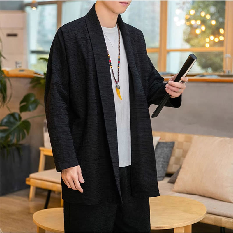 Fall Simple Loose Plain Linen Blend Men's Mid-length Coat Clothing