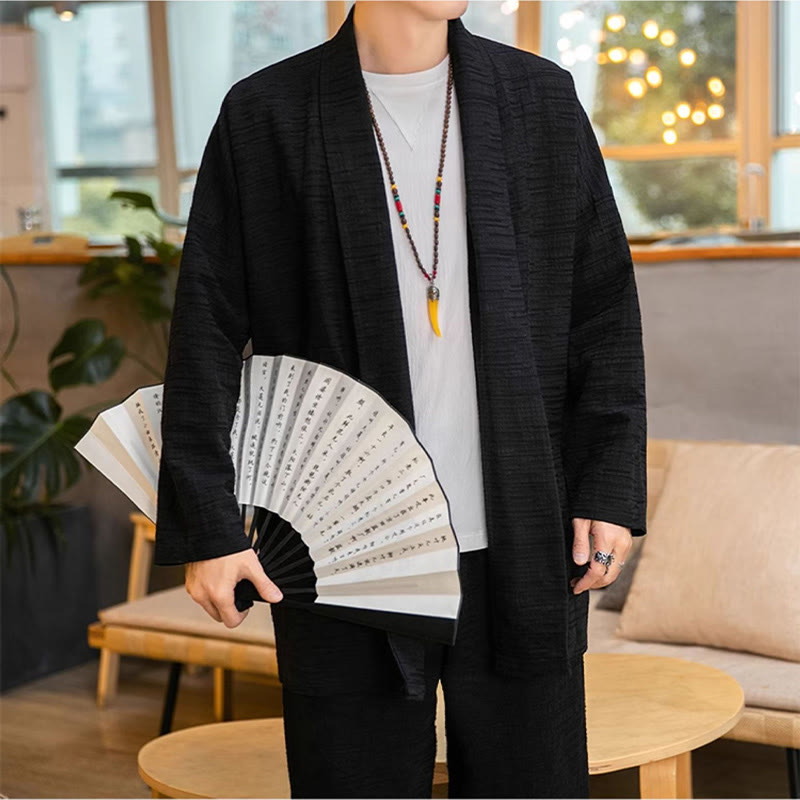 Fall Simple Loose Plain Linen Blend Men's Mid-length Coat Clothing