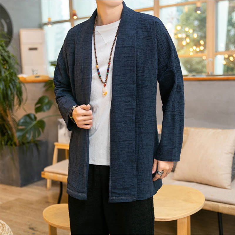 Fall Simple Loose Plain Linen Blend Men's Mid-length Coat Clothing