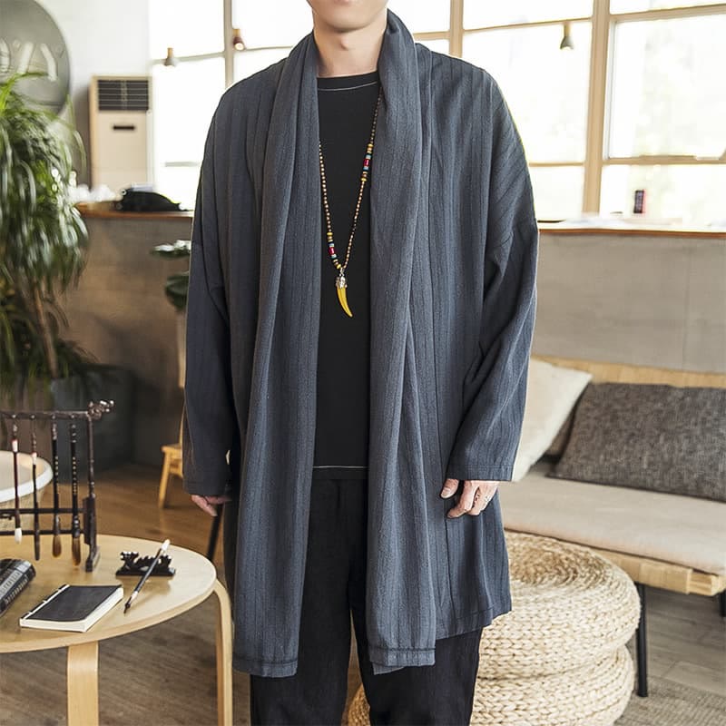 Fall Simple Casual Loose Plain Linen Blend Men's Mid-length Coat Clothing