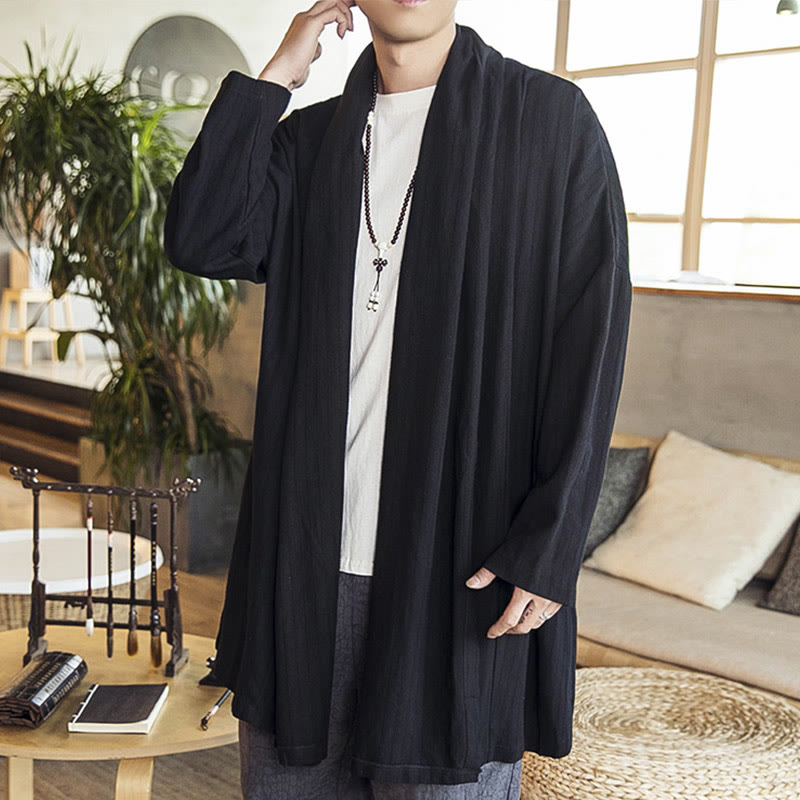 Fall Simple Casual Loose Plain Linen Blend Men's Mid-length Coat Clothing