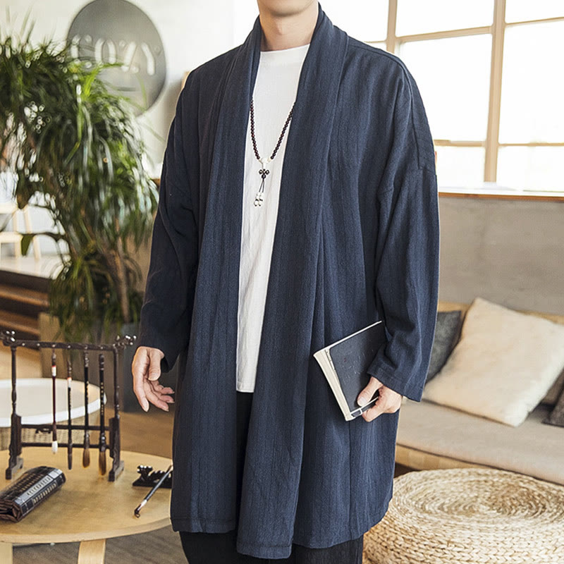 Fall Simple Casual Loose Plain Linen Blend Men's Mid-length Coat Clothing