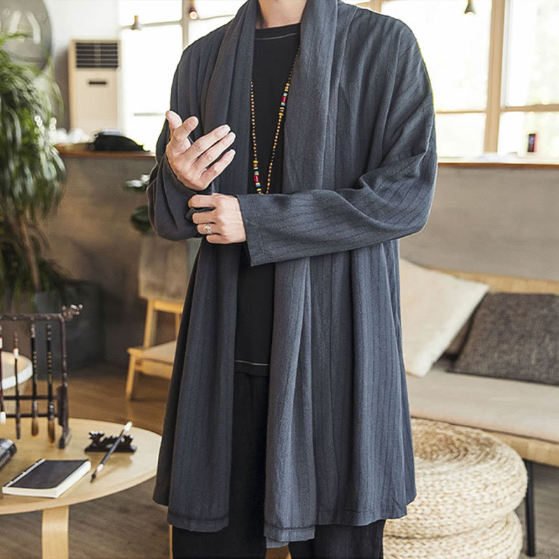 Fall Simple Casual Loose Plain Linen Blend Men's Mid-length Coat Clothing