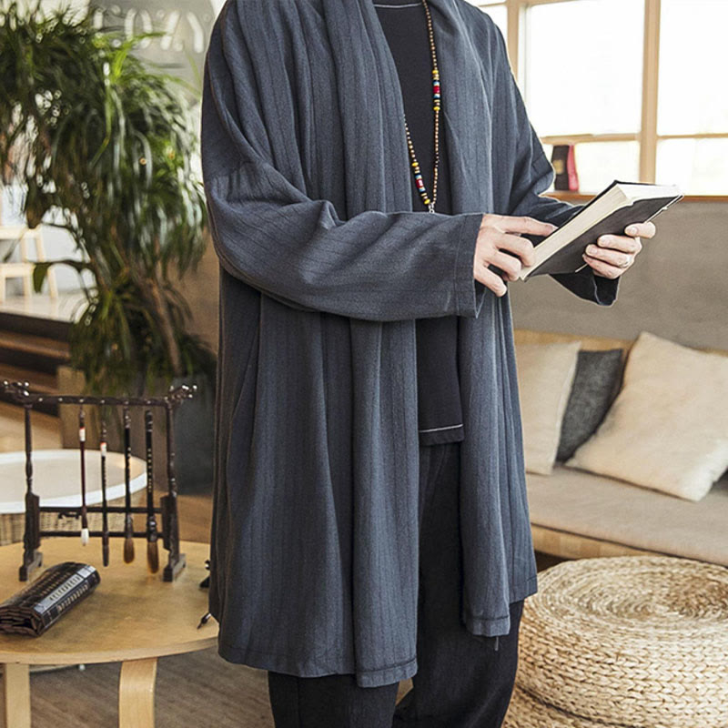 Fall Simple Casual Loose Plain Linen Blend Men's Mid-length Coat Clothing