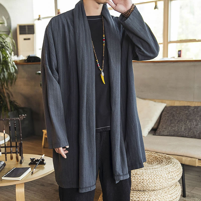 Fall Simple Casual Loose Plain Linen Blend Men's Mid-length Coat Clothing
