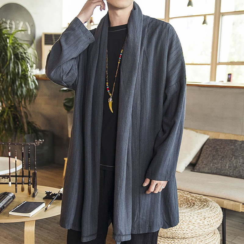 Fall Simple Casual Loose Plain Linen Blend Men's Mid-length Coat Clothing