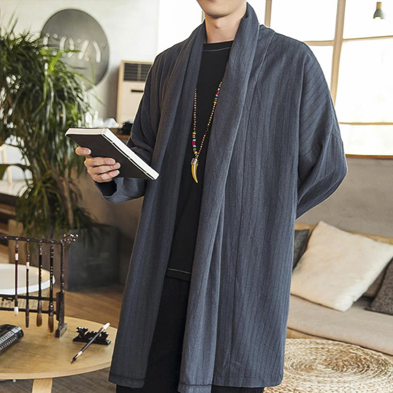 Fall Simple Casual Loose Plain Linen Blend Men's Mid-length Coat Clothing
