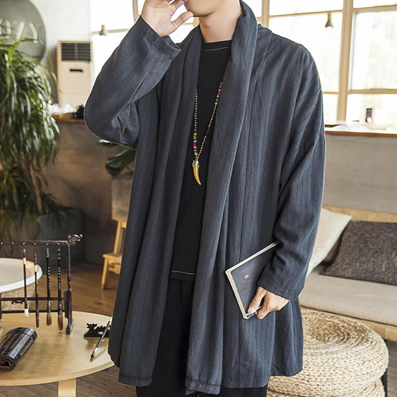 Fall Simple Casual Loose Plain Linen Blend Men's Mid-length Coat Clothing