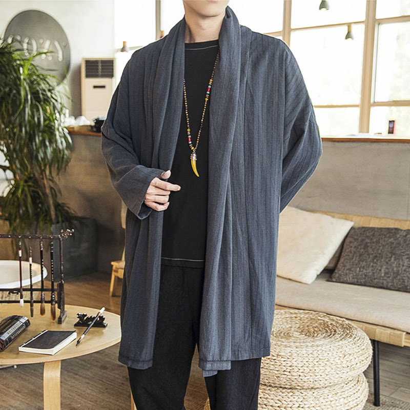 Fall Simple Casual Loose Plain Linen Blend Men's Mid-length Coat Clothing