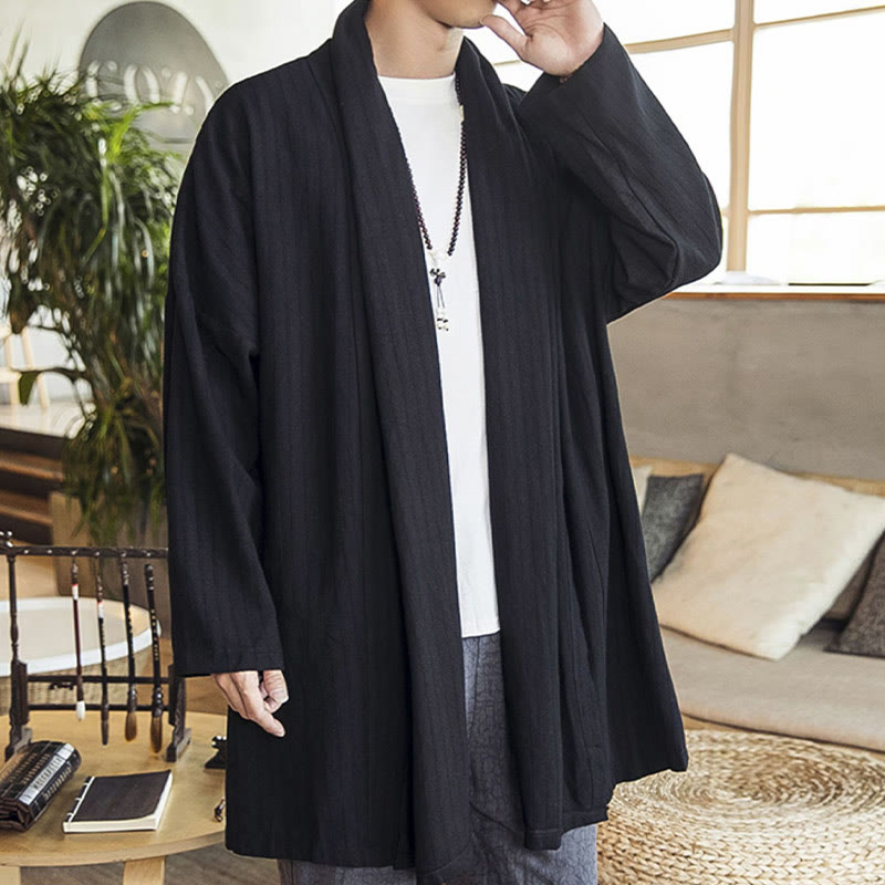 Fall Simple Casual Loose Plain Linen Blend Men's Mid-length Coat Clothing