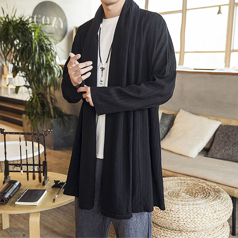 Fall Simple Casual Loose Plain Linen Blend Men's Mid-length Coat Clothing