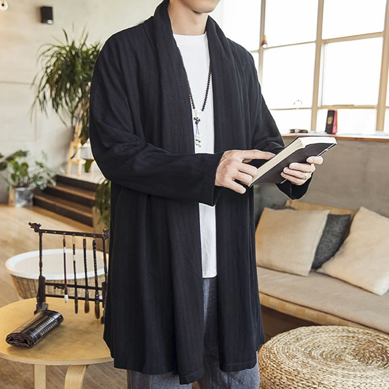 Fall Simple Casual Loose Plain Linen Blend Men's Mid-length Coat Clothing