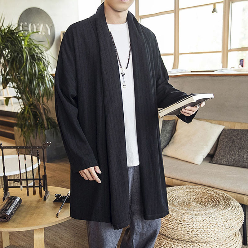 Fall Simple Casual Loose Plain Linen Blend Men's Mid-length Coat Clothing