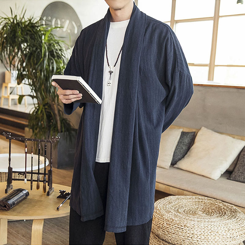 Fall Simple Casual Loose Plain Linen Blend Men's Mid-length Coat Clothing