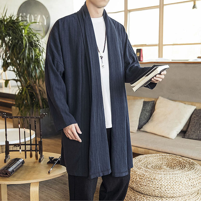 Fall Simple Casual Loose Plain Linen Blend Men's Mid-length Coat Clothing