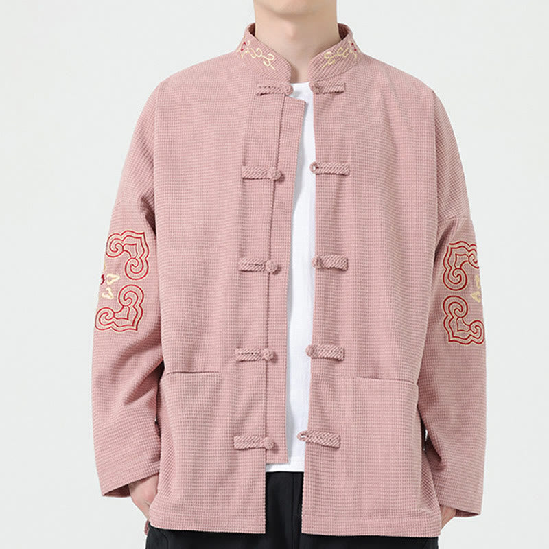 Men's Frog-button Tang Suit Symmetrical Embroidery Cotton Corduroy Jacket Shirt With Pockets
