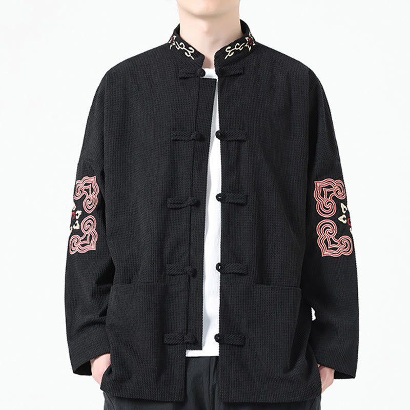 Men's Frog-button Tang Suit Symmetrical Embroidery Cotton Corduroy Jacket Shirt With Pockets