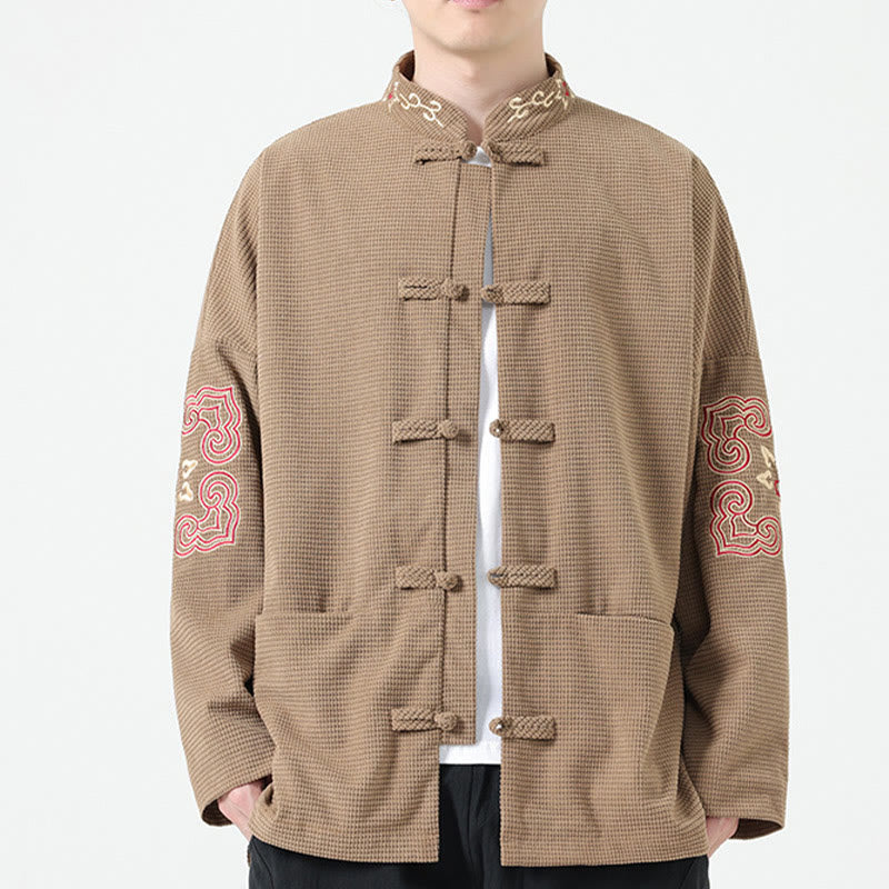 Men's Frog-button Tang Suit Symmetrical Embroidery Cotton Corduroy Jacket Shirt With Pockets