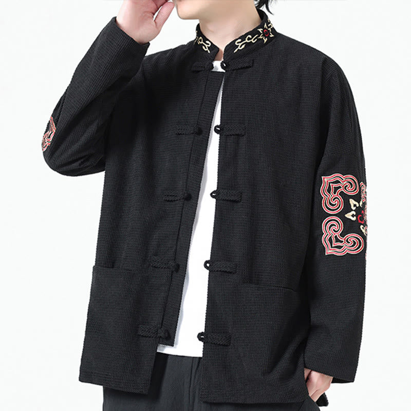 Men's Frog-button Tang Suit Symmetrical Embroidery Cotton Corduroy Jacket Shirt With Pockets