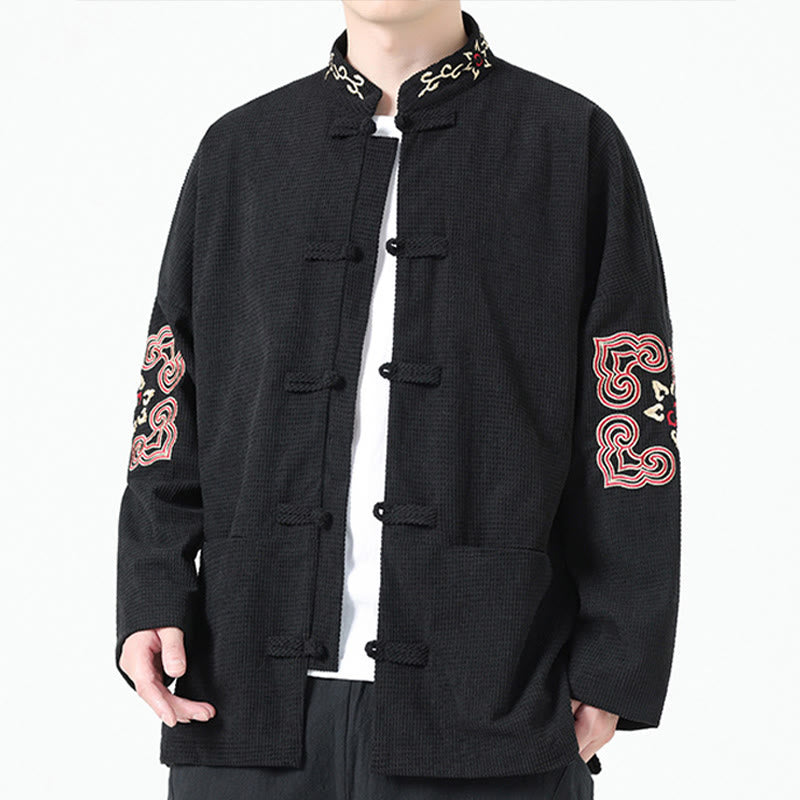 Men's Frog-button Tang Suit Symmetrical Embroidery Cotton Corduroy Jacket Shirt With Pockets