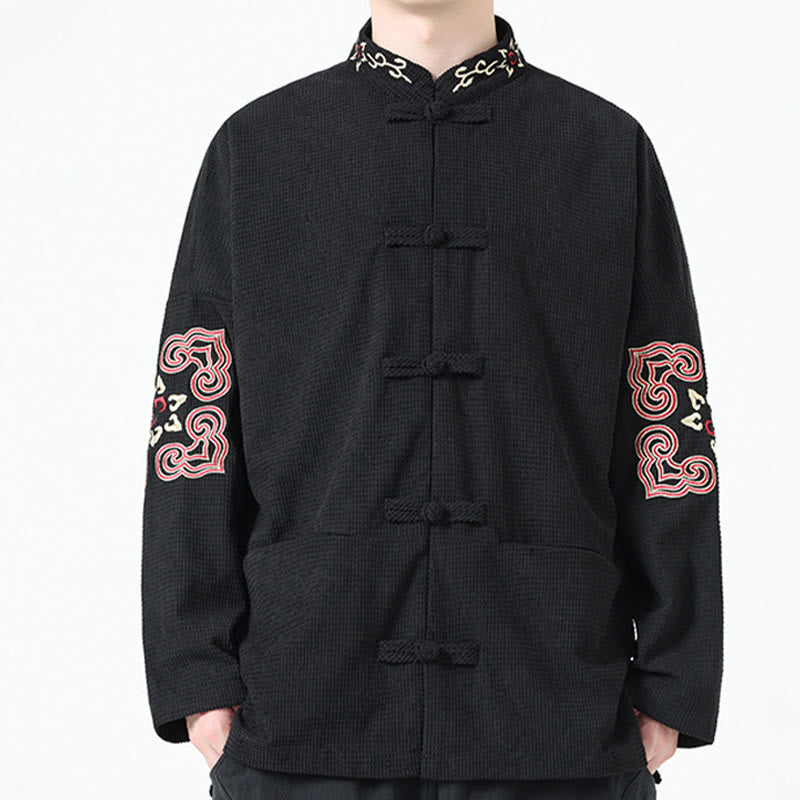 Men's Frog-button Tang Suit Symmetrical Embroidery Cotton Corduroy Jacket Shirt With Pockets