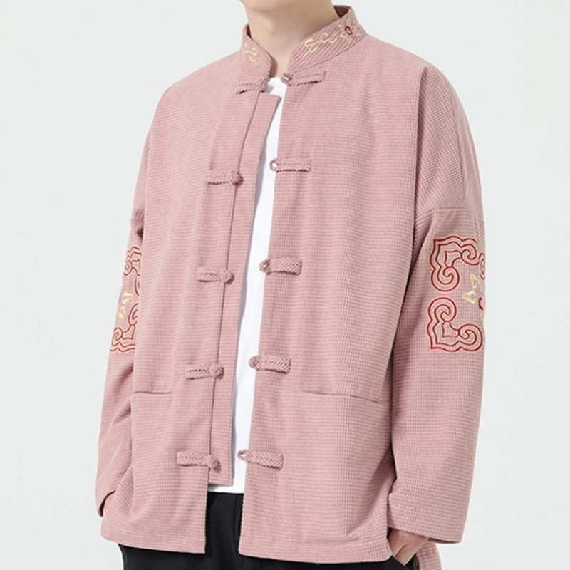 Men's Frog-button Tang Suit Symmetrical Embroidery Cotton Corduroy Jacket Shirt With Pockets