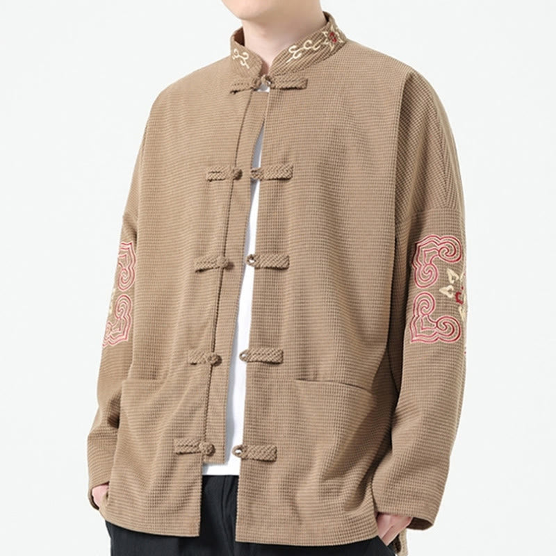 Men's Frog-button Tang Suit Symmetrical Embroidery Cotton Corduroy Jacket Shirt With Pockets