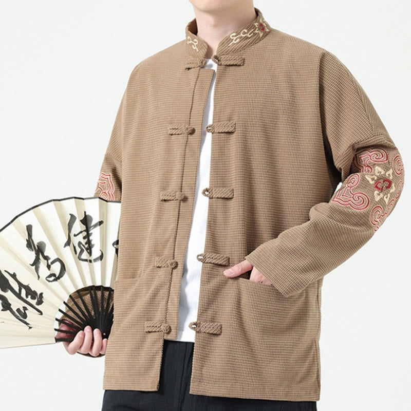 Men's Frog-button Tang Suit Symmetrical Embroidery Cotton Corduroy Jacket Shirt With Pockets