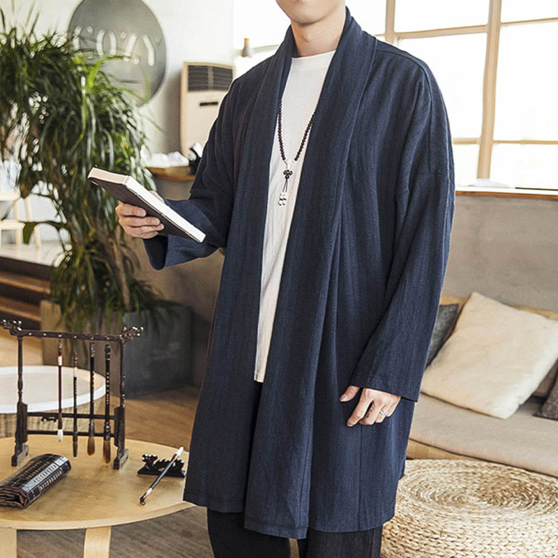 Fall Simple Casual Loose Plain Linen Blend Men's Mid-length Coat Clothing