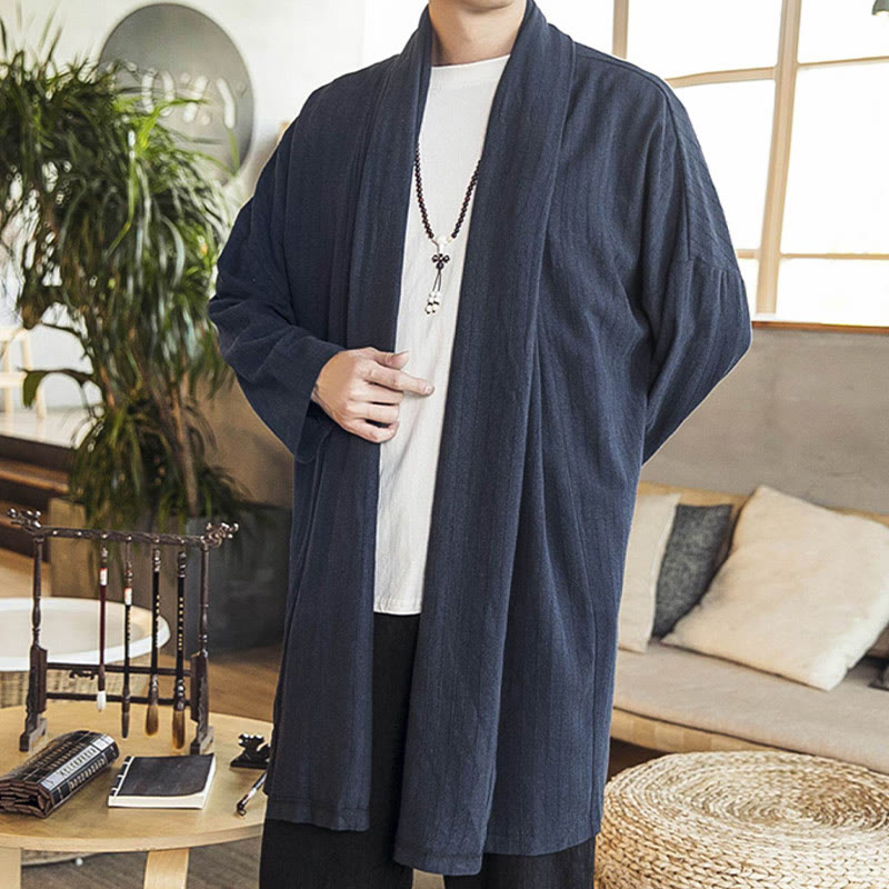 Fall Simple Casual Loose Plain Linen Blend Men's Mid-length Coat Clothing