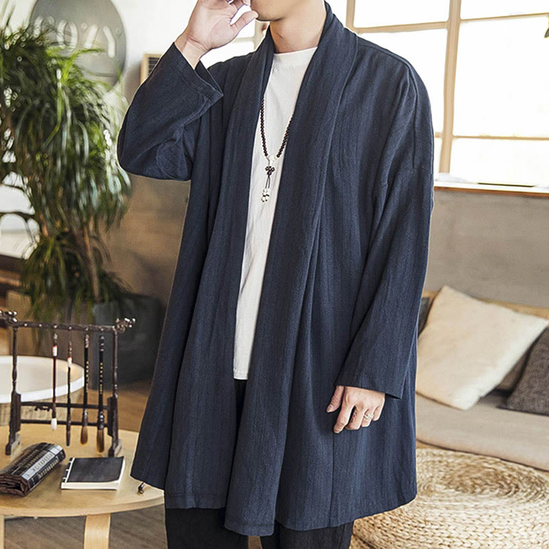 Fall Simple Casual Loose Plain Linen Blend Men's Mid-length Coat Clothing
