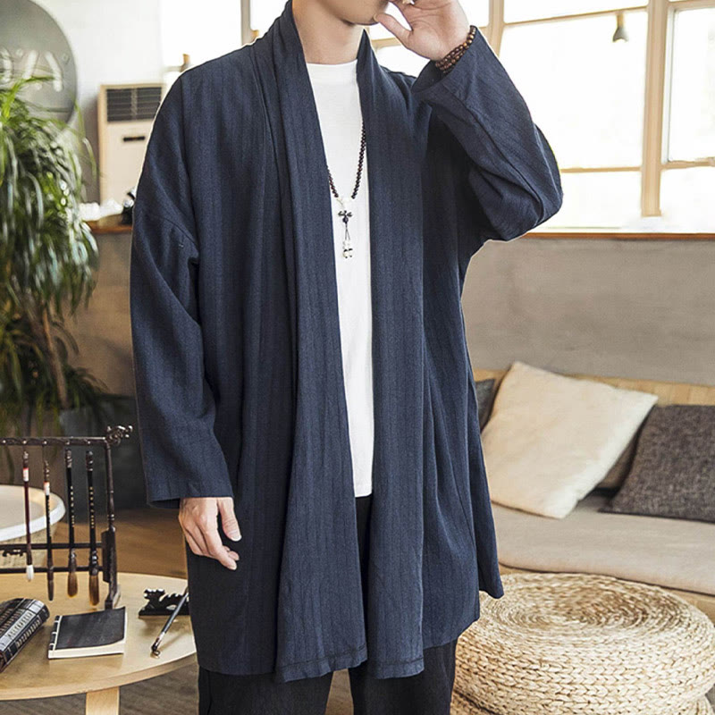 Fall Simple Casual Loose Plain Linen Blend Men's Mid-length Coat Clothing