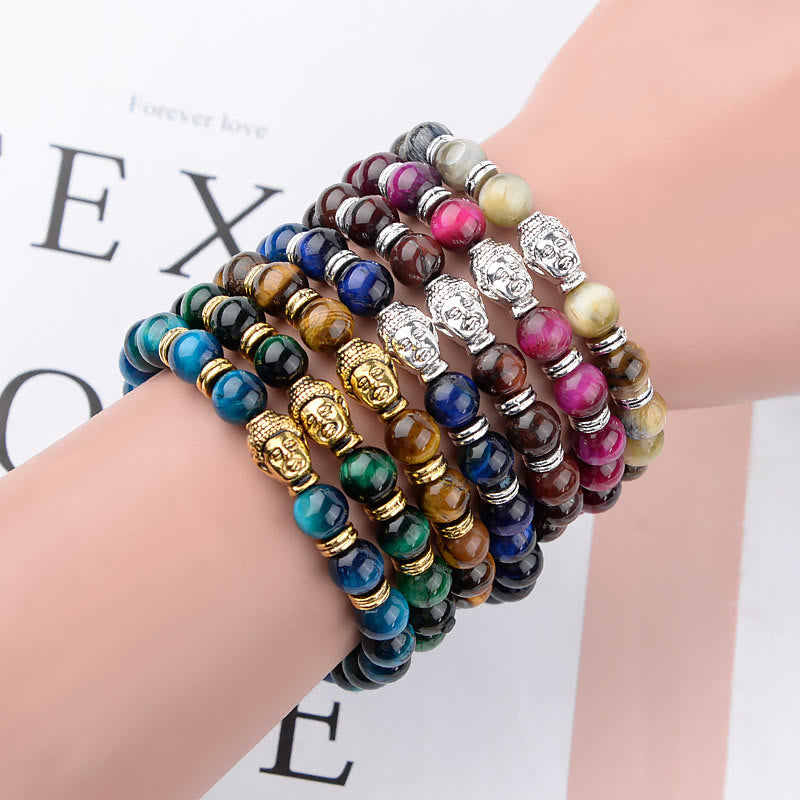Blue Green Red Tiger Eye Buddha Head Balance Bracelet