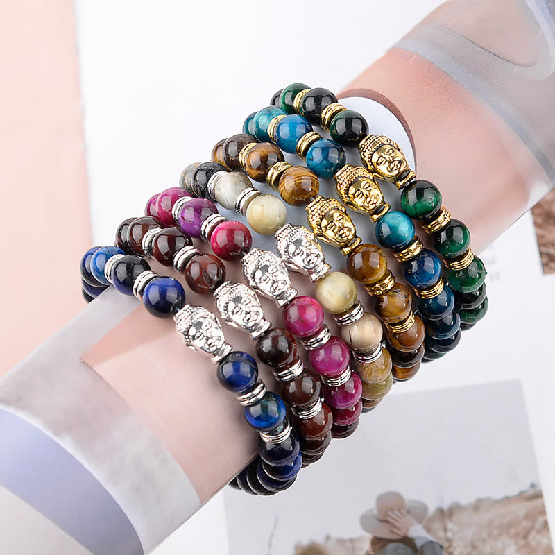 Blue Green Red Tiger Eye Buddha Head Balance Bracelet