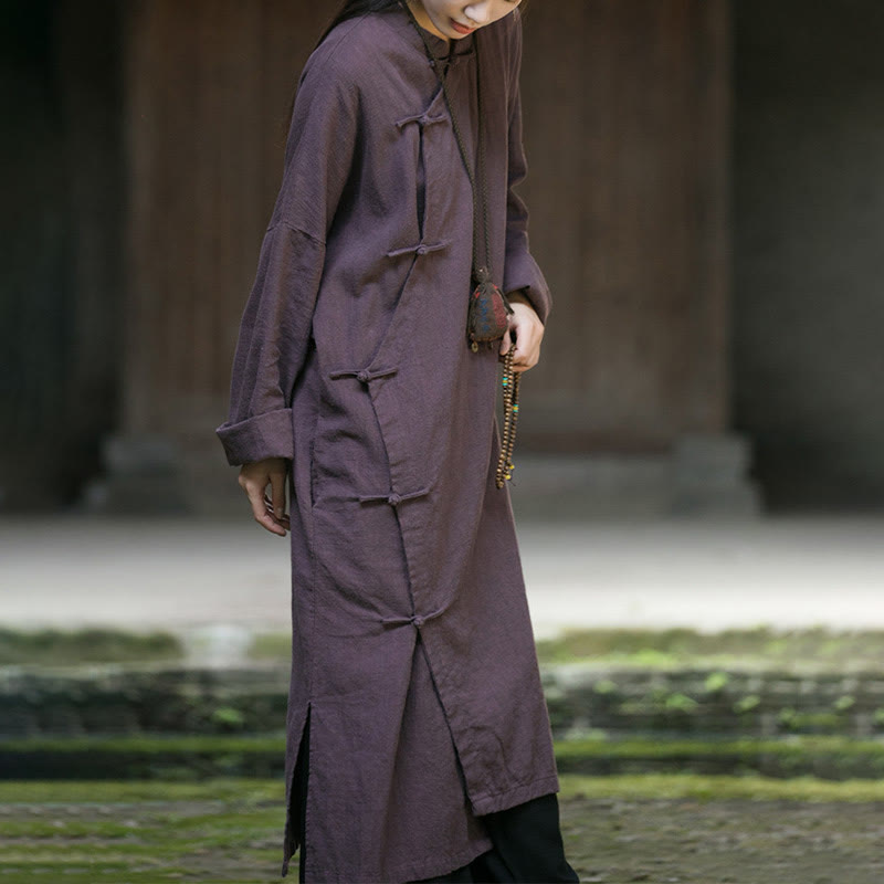 Solid Color Frog-Button Long Sleeve Ramie Linen Cotton Midi Dress With Pockets