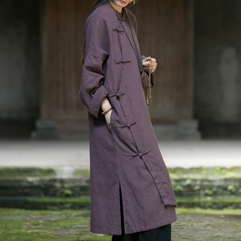 Solid Color Frog-Button Long Sleeve Ramie Linen Cotton Midi Dress With Pockets