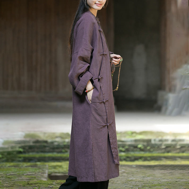Solid Color Frog-Button Long Sleeve Ramie Linen Cotton Midi Dress With Pockets