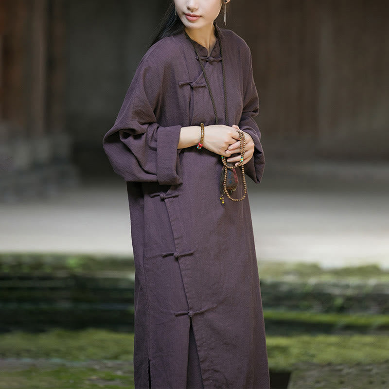 Solid Color Frog-Button Long Sleeve Ramie Linen Cotton Midi Dress With Pockets