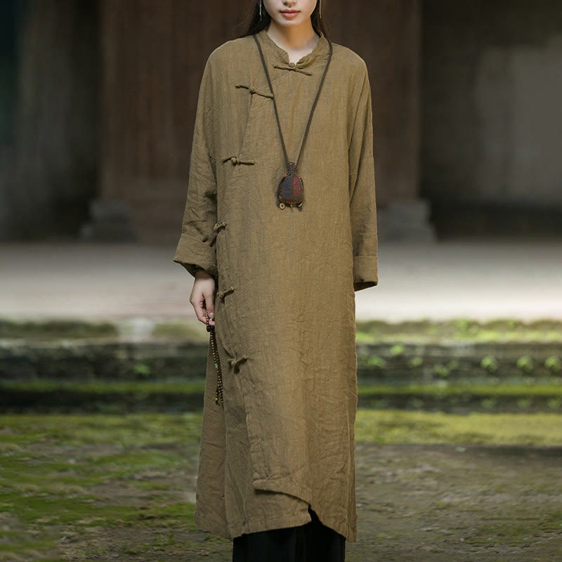 Solid Color Frog-Button Long Sleeve Ramie Linen Cotton Midi Dress With Pockets
