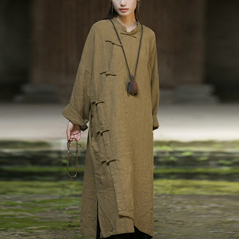 Solid Color Frog-Button Long Sleeve Ramie Linen Cotton Midi Dress With Pockets