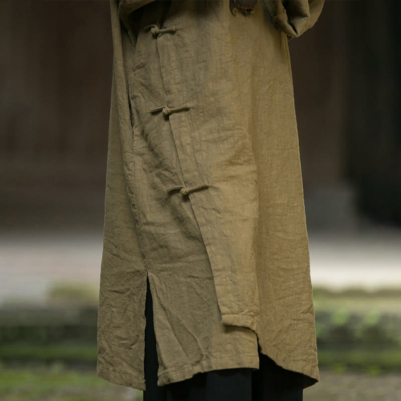 Solid Color Frog-Button Long Sleeve Ramie Linen Cotton Midi Dress With Pockets