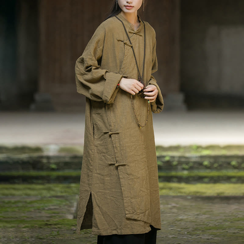 Solid Color Frog-Button Long Sleeve Ramie Linen Cotton Midi Dress With Pockets