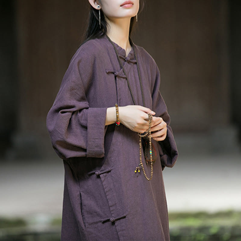 Solid Color Frog-Button Long Sleeve Ramie Linen Cotton Midi Dress With Pockets